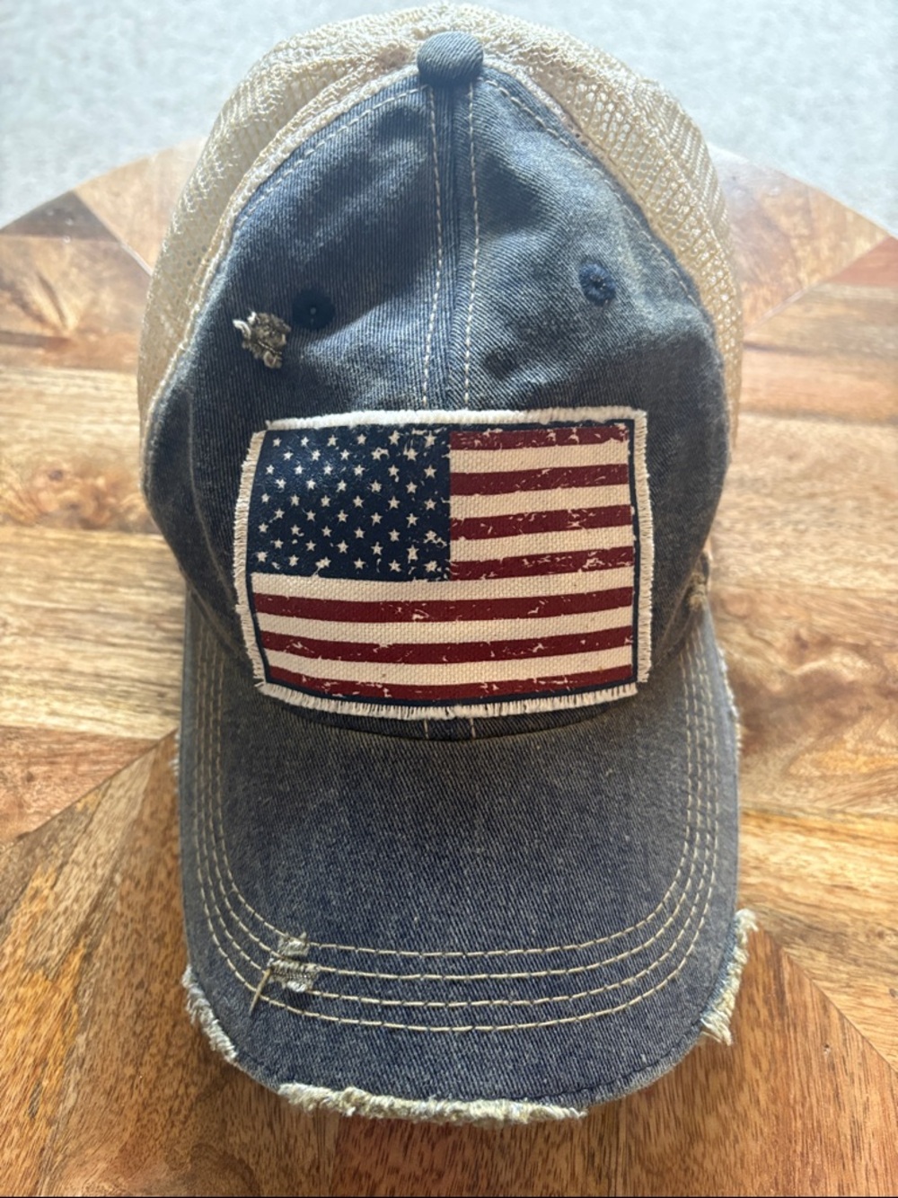 HEADMOST Distressed Denim Soft Mesh Back Trucker Cap American Flag Patch NWOT